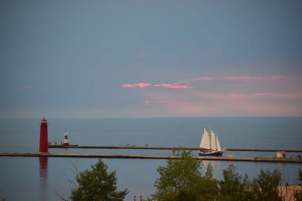 View of Lake Michigan sunset from the Looking Glass Beachfront Inn deck